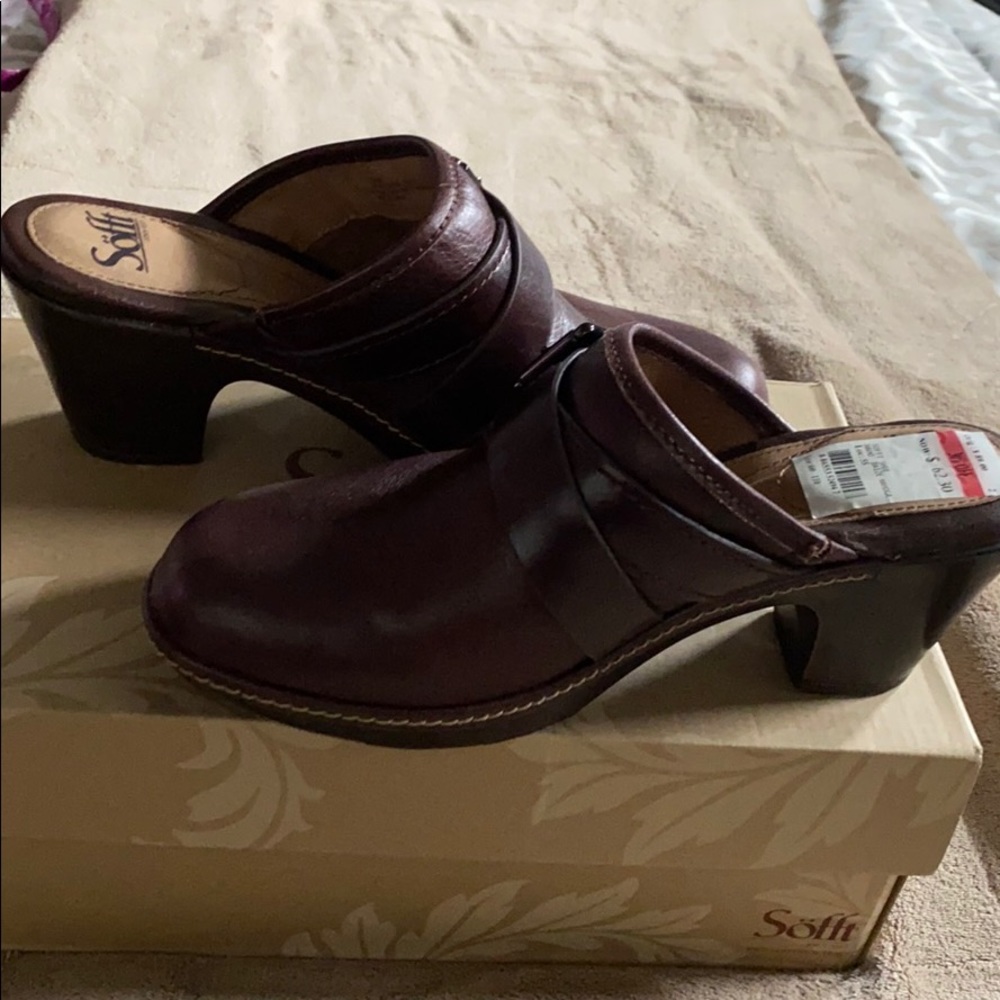 Leather mahogany colored slide on mule by Sofft